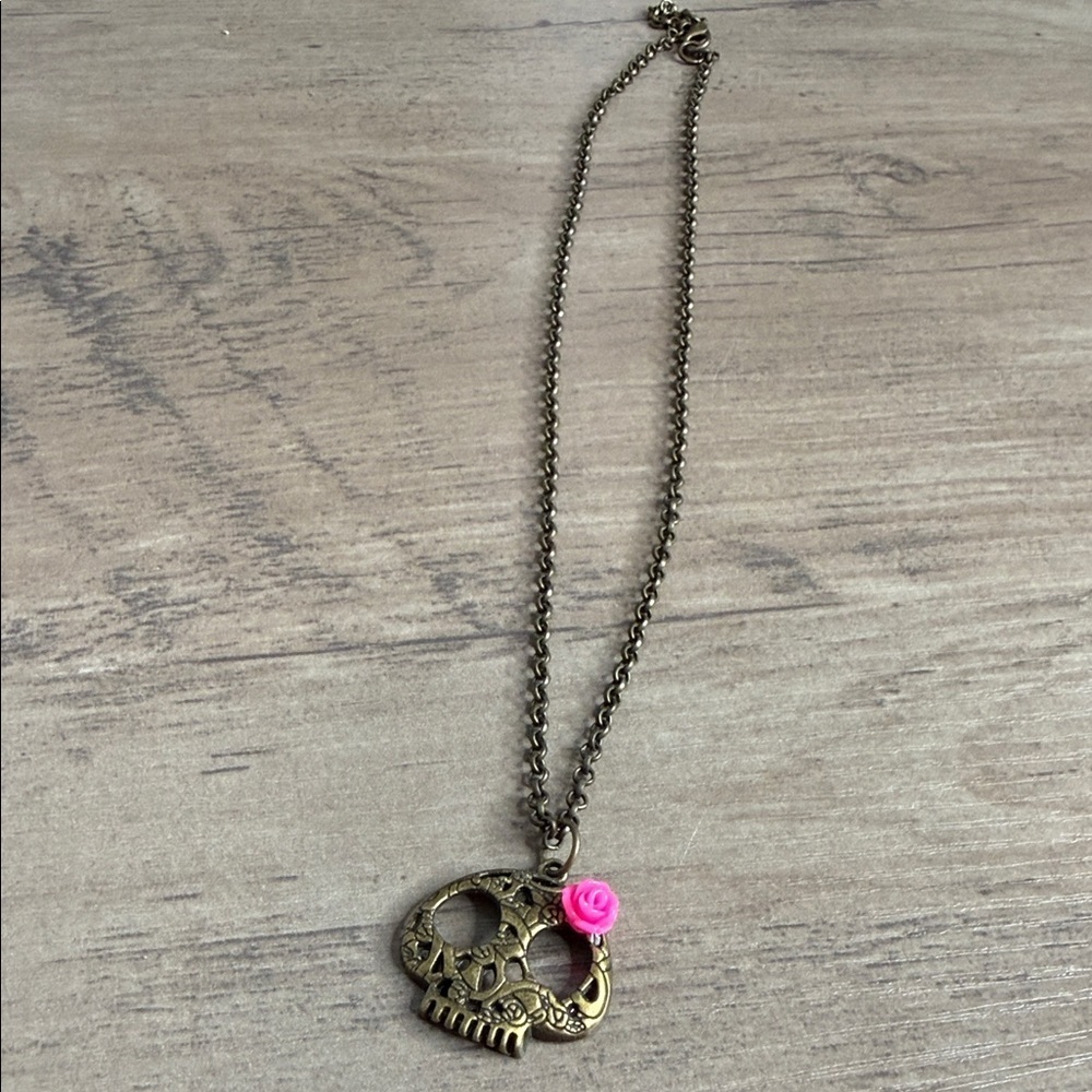 Antique Brass Sugar Skull Pendant Necklace with Pink Acrylic Rose